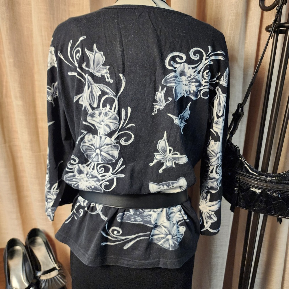 Black Cat Fairy Floral Rhinestone Top Y2K Whimsigoth L XL - Picture 2 of 5
